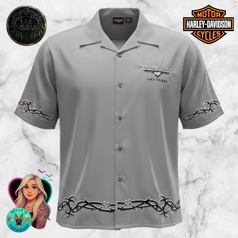 Harley-Davidson Mens 2XL Cafe Las Vegas Gray Tribal Button Up Shirt Mens XXL Y2K